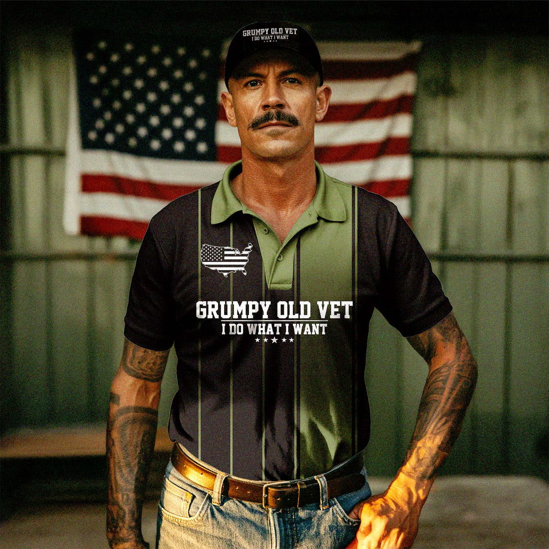 American Flag Grumpy Old Vet Polo Shirt Deal