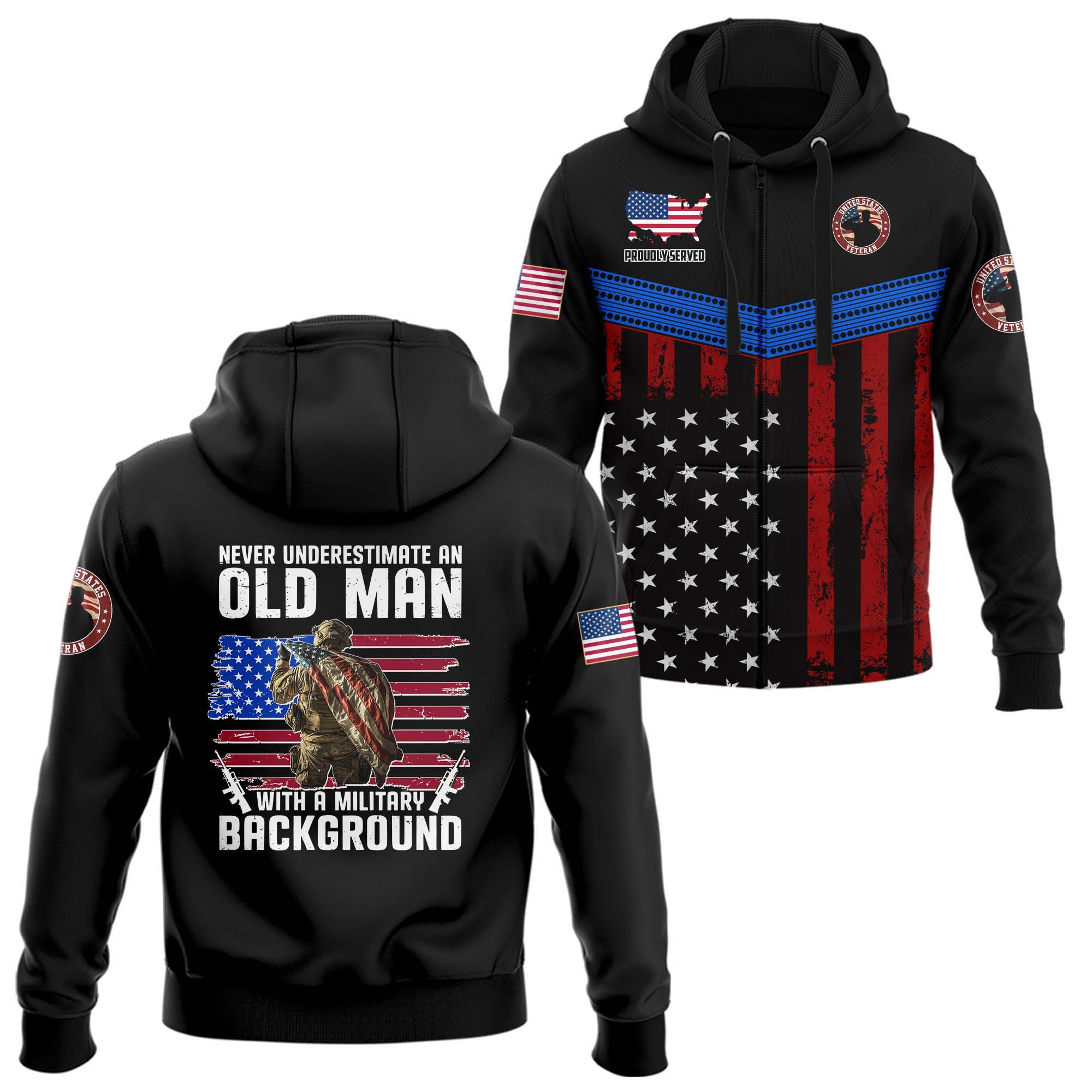Never Underestimate An Old Man With A Military Background Hoodie Zip