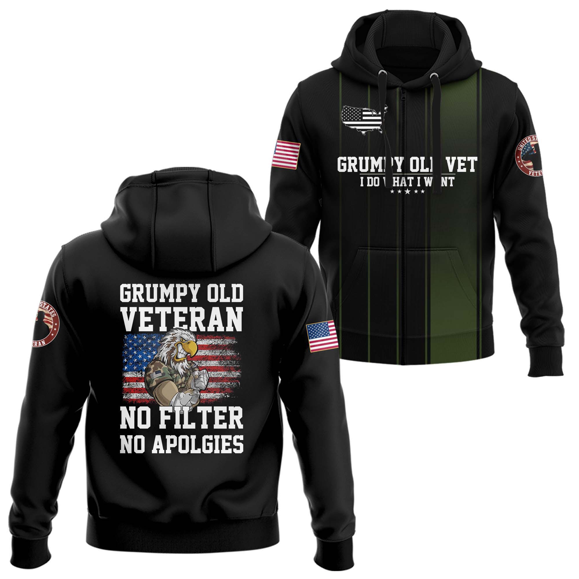 American Flag Grumpy Old Vet Hoodie Zip